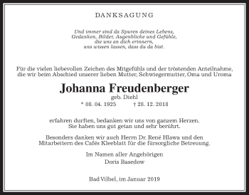 Traueranzeige von Johanna Freudenberger von Wetterauer Zeitung, Wetterauer Zeitung