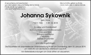 Traueranzeige von Johanna Sykownik von Giessener Allgemeine, Alsfelder Allgemeine