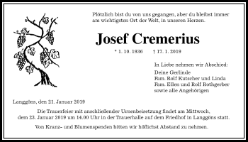 Traueranzeige von Josef Cremerius von Giessener Allgemeine, Alsfelder Allgemeine