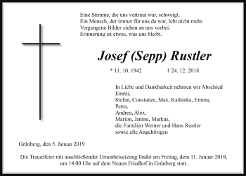 Traueranzeige von Josef Rustler von Giessener Allgemeine, Alsfelder Allgemeine