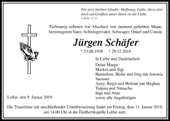 Traueranzeige von Jürgen Schäfer von Giessener Allgemeine, Alsfelder Allgemeine