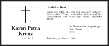 Traueranzeige von Karen Petra Krenz von Wetterauer Zeitung, Wetterauer Zeitung