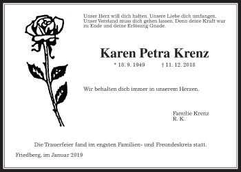 Traueranzeige von Karen Petra Krenz von Wetterauer Zeitung, Wetterauer Zeitung