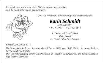 Traueranzeige von Karin Schmidt von Wetterauer Zeitung, Wetterauer Zeitung
