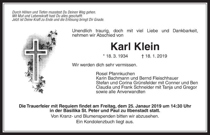  Traueranzeige für Karl Klein vom 22.01.2019 aus Wetterauer Zeitung, Wetterauer Zeitung
