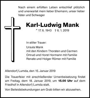 Traueranzeige von Karl-Ludwig Mank von Giessener Allgemeine, Alsfelder Allgemeine