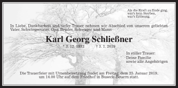 Traueranzeige von Karl Georg Schließner von Giessener Allgemeine, Alsfelder Allgemeine