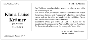 Traueranzeige von Klara Krämer von Heimatzeitung Grünberg + Laubach
