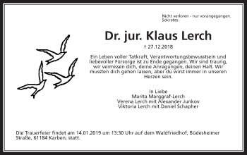 Traueranzeige von Klaus Lerch von Wetterauer Zeitung, Wetterauer Zeitung