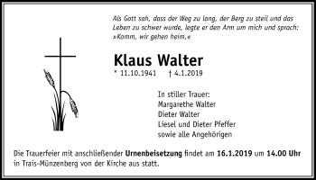 Traueranzeige von Klaus Walter von Licher Wochenblatt, Licher Wochenblatt, Licher Wochenblatt