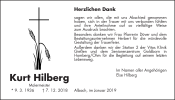 Traueranzeige von Kurt Hilberg von Giessener Allgemeine, Alsfelder Allgemeine
