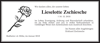 Traueranzeige von Lieselotte Zschiesche von Wetterauer Zeitung, Wetterauer Zeitung