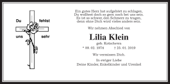 Traueranzeige von Lilia Klein von Wetterauer Zeitung, Wetterauer Zeitung