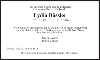 Traueranzeige von Lydia Bässler von Giessener Allgemeine, Alsfelder Allgemeine