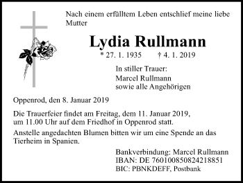 Traueranzeige von Lydia Rullmann von Giessener Allgemeine, Alsfelder Allgemeine