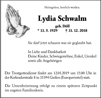 Traueranzeige von Lydia Schwalm von Giessener Allgemeine, Alsfelder Allgemeine