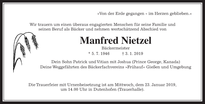  Traueranzeige für Manfred Nietzel vom 22.01.2019 aus Giessener Allgemeine, Alsfelder Allgemeine