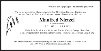 Traueranzeige von Manfred Nietzel von Giessener Allgemeine, Alsfelder Allgemeine