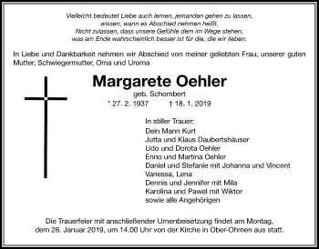 Traueranzeige von Margarete Oehler von Alsfelder Allgemeine, Mücker Stimme