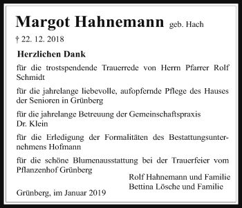 Traueranzeige von Margot Hahnemann von Giessener Allgemeine, Alsfelder Allgemeine