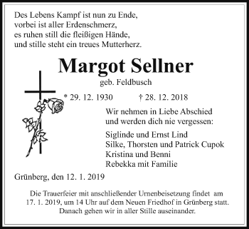Traueranzeige von Margot Sellner von Giessener Allgemeine, Alsfelder Allgemeine
