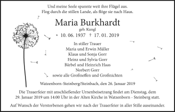 Traueranzeige von Maria Burkhardt von Giessener Allgemeine, Alsfelder Allgemeine