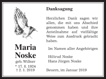 Traueranzeige von Maria Noske von Giessener Allgemeine, Alsfelder Allgemeine