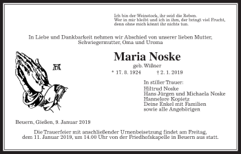 Traueranzeige von Maria Noske von Giessener Allgemeine, Alsfelder Allgemeine