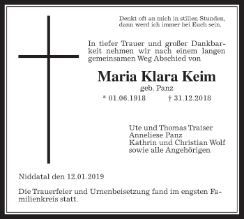 Traueranzeige von Maria Klara Keim von Wetterauer Zeitung, Wetterauer Zeitung