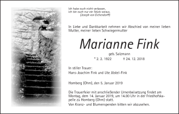 Traueranzeige von Marianne Fink von Alsfelder Allgemeine
