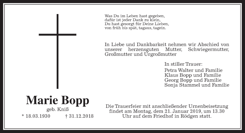  Traueranzeige für Marie Bopp vom 12.01.2019 aus Wetterauer Zeitung, Wetterauer Zeitung