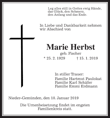 Traueranzeige von Marie Herbst von Alsfelder Allgemeine