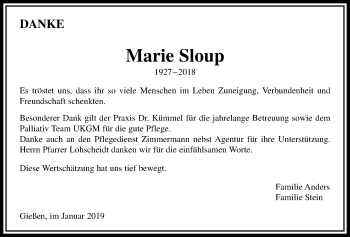 Traueranzeige von Marie Sloup von Giessener Allgemeine, Alsfelder Allgemeine