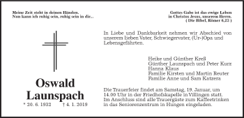 Traueranzeige von Oswald Launspach von Giessener Allgemeine, Alsfelder Allgemeine
