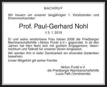 Traueranzeige von Paul-Gerhard Nohl von Wetterauer Zeitung, Wetterauer Zeitung