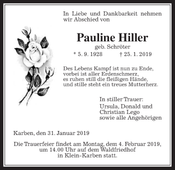 Traueranzeige von Pauline Hiller von Wetterauer Zeitung