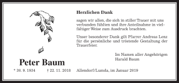 Traueranzeige von Peter Baum von Allendorfer Mitteilungen