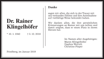 Traueranzeige von Rainer Klingelhöfer von Wetterauer Zeitung, Wetterauer Zeitung