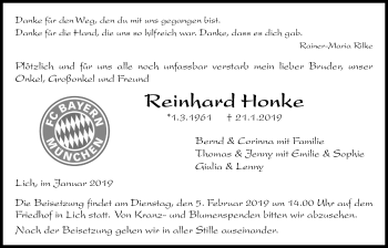 Traueranzeige von Reinhard Honke von Licher Wochenblatt, Licher Wochenblatt, Licher Wochenblatt