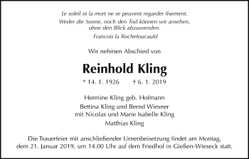 Traueranzeige von Reinhold Kling von Giessener Allgemeine, Alsfelder Allgemeine