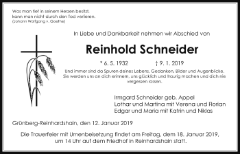 Traueranzeige von Reinhold Schneider von Giessener Allgemeine, Alsfelder Allgemeine