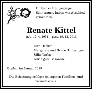 Traueranzeige von Renate Kittel von Giessener Allgemeine, Alsfelder Allgemeine