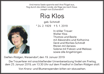 Traueranzeige von Ria Klos von Giessener Allgemeine, Alsfelder Allgemeine