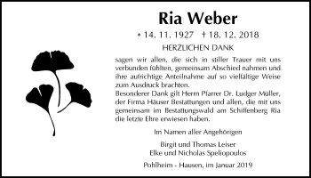 Traueranzeige von Ria Weber von Pohlheimer Nachrichten