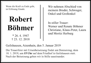 Traueranzeige von Robert Böhmer von Giessener Allgemeine, Alsfelder Allgemeine