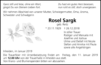 Traueranzeige von Rosel Sargk von Licher Wochenblatt, Licher Wochenblatt, Licher Wochenblatt