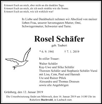 Traueranzeige von Rosel Schäfer von Giessener Allgemeine, Alsfelder Allgemeine