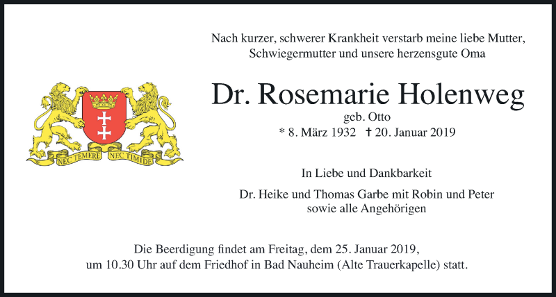  Traueranzeige für Rosemarie Holenweg vom 23.01.2019 aus Wetterauer Zeitung, Wetterauer Zeitung