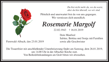 Traueranzeige von Rosemarie Margolf von Giessener Allgemeine, Alsfelder Allgemeine