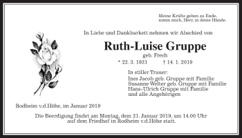 Traueranzeige von Ruth-Luise Gruppe von Wetterauer Zeitung, Wetterauer Zeitung